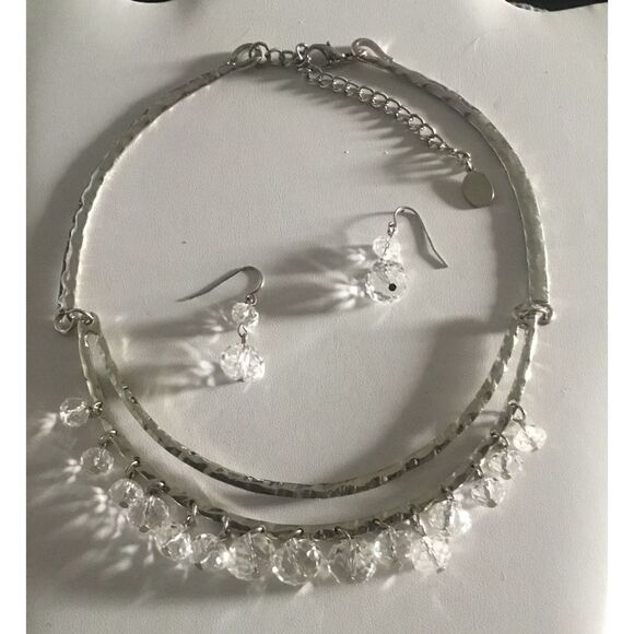 New~Silver Faceted Crystal Double Drop Beads ChaCha Choker Necklace/Earring Set - Picture 1 of 2
